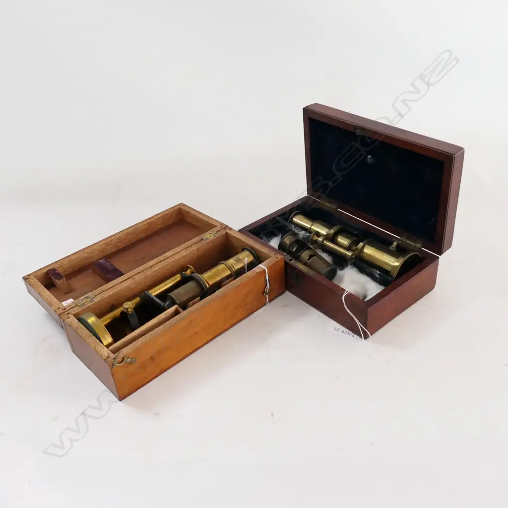 2 BOXED LACQUERED BRASS STUDENT'S MICROSCOPES (2) Image 1++